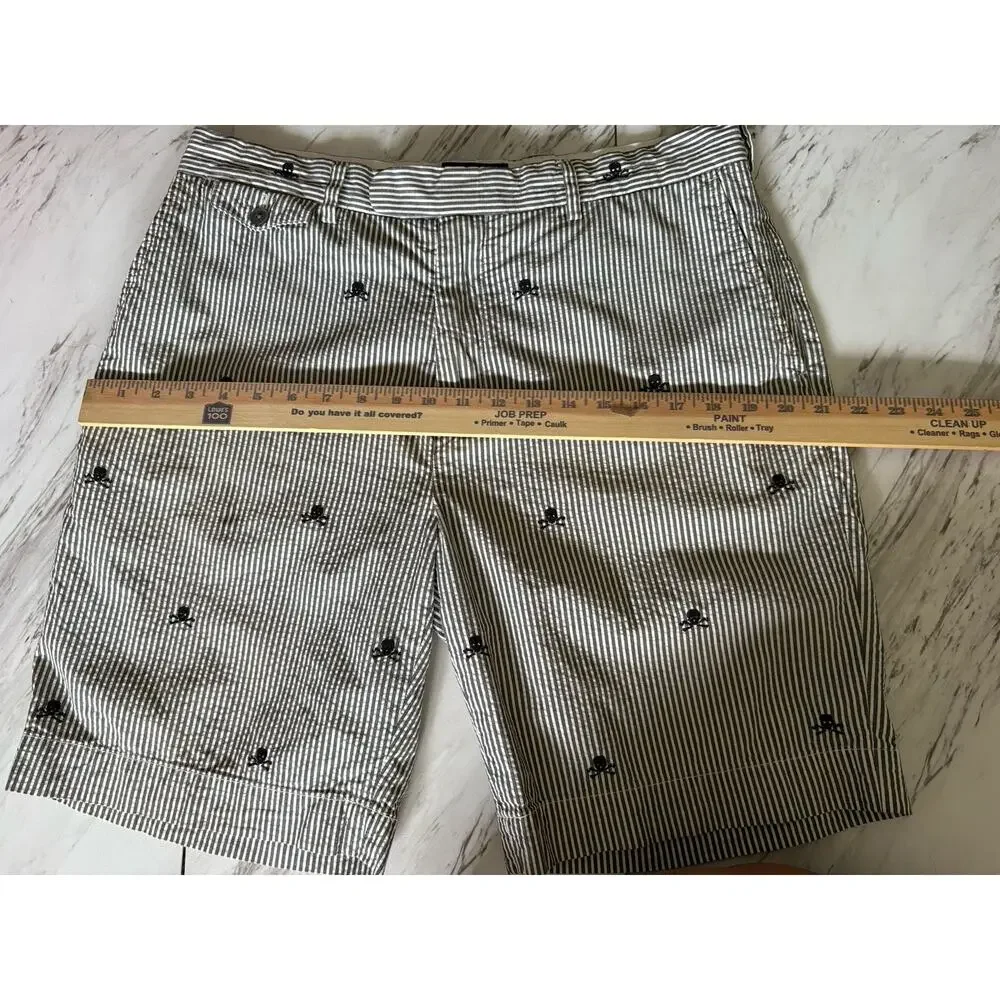 Ralph Lauren Rugby Y2K Skull‑Embroidered Grey Seersucker Shorts 9” — Men’s Sz 34